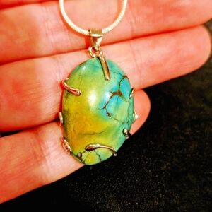 Turquoise Pendant On Sterling Silver Chain Necklace 24"